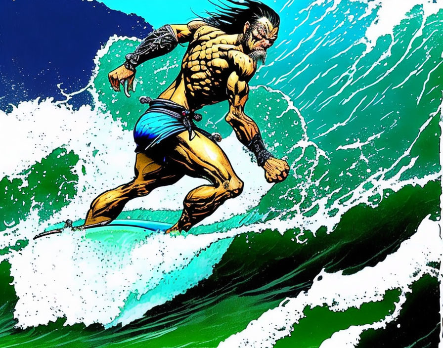 Animated character with long hair and goatee surfing vibrant blue wave