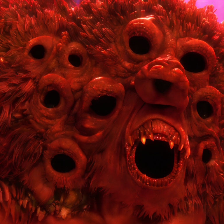 Monstrous entity with multiple mouths, teeth, and eyes on fiery red background