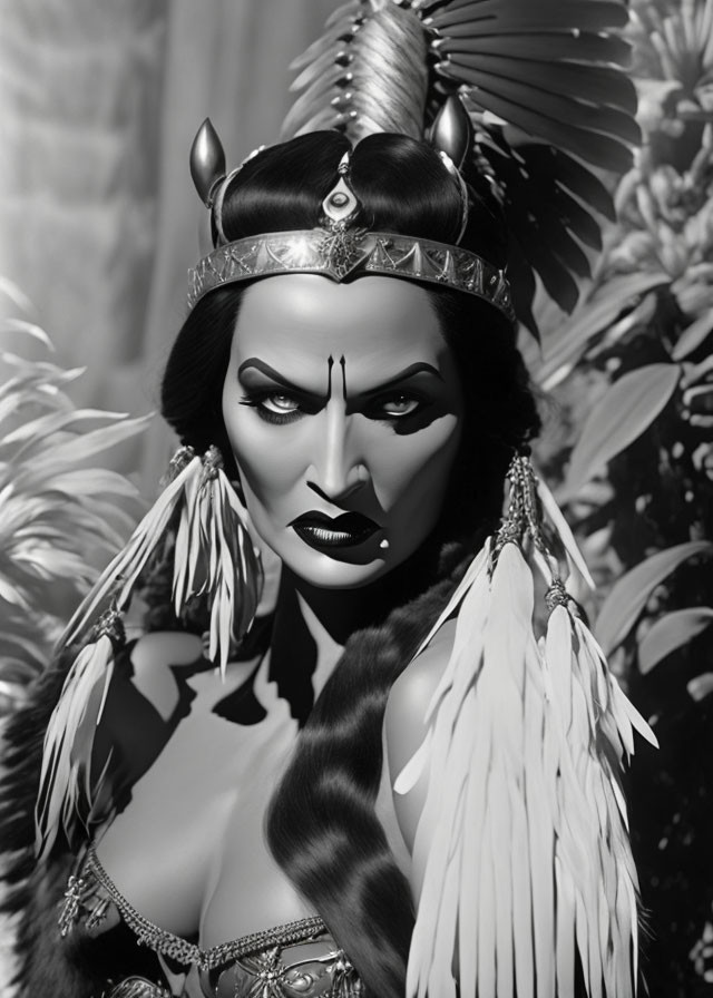 Monochrome image of person with fantasy makeup and horned headdress