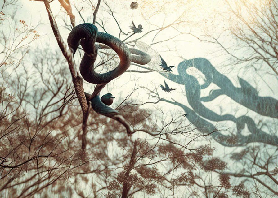 Serpent winding through branches in sepia-toned forest scene