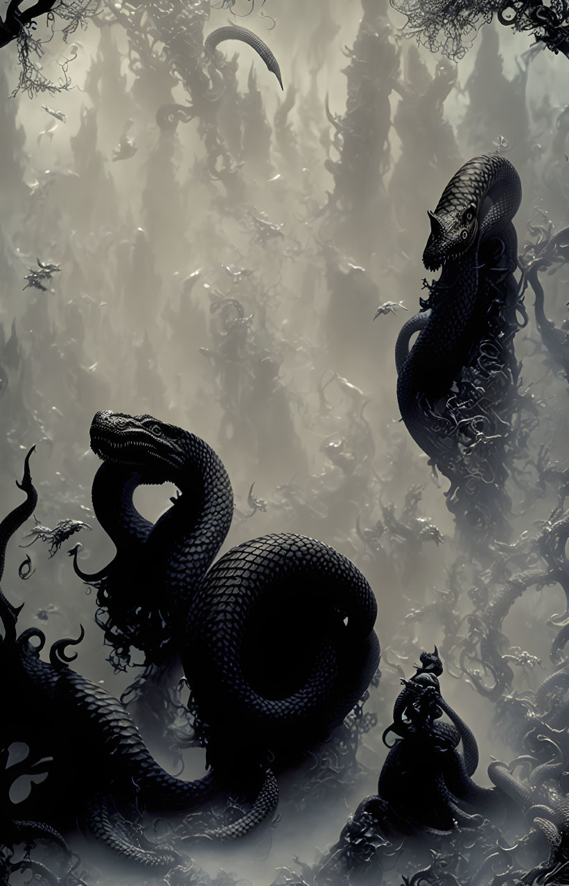 Sinister black serpent in misty, shadowy forest