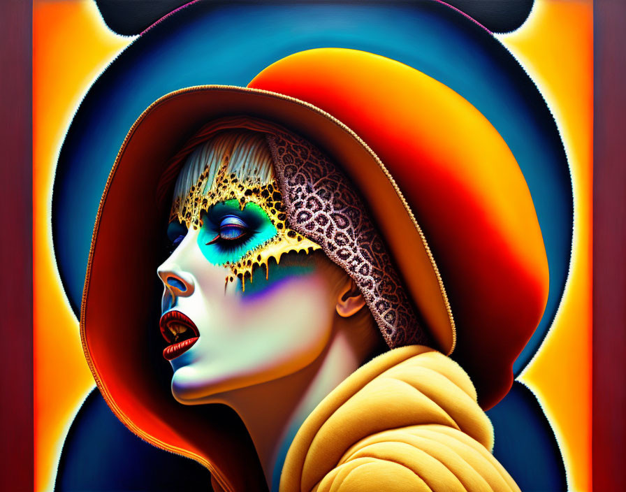 Colorful digital artwork of a woman's face with stylized makeup and abstract shapes