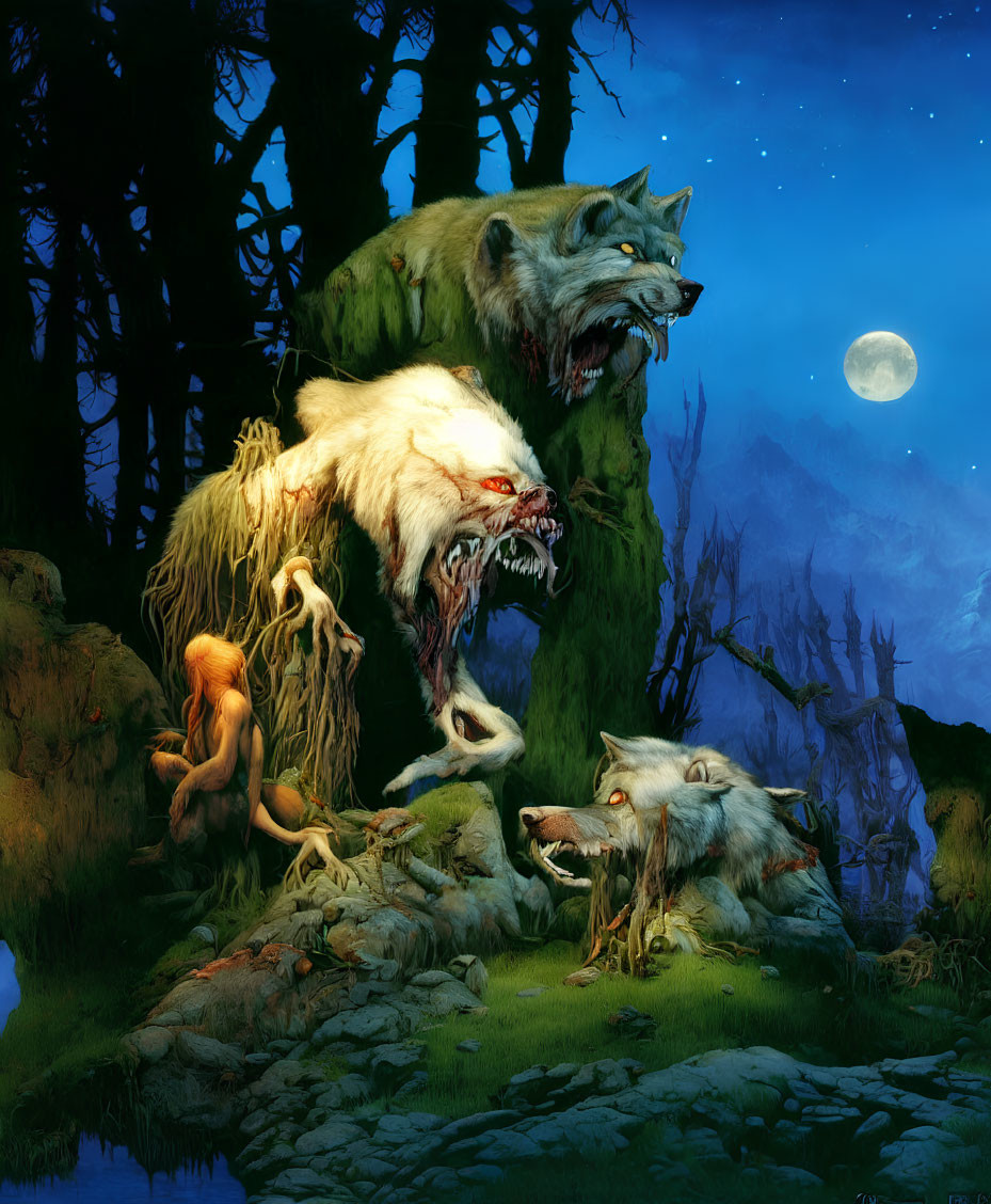 Menacing wolves with ghostly fur in dark forest under full moon