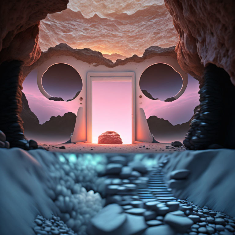 Surreal cave entrance with glowing doorway and circular windows