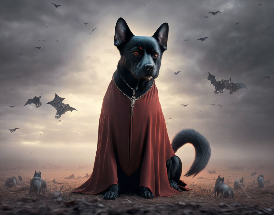 Majestic dog with red eyes, cape, bats, and companions under stormy sky