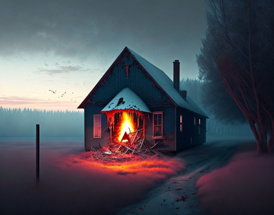 Solitary house in foggy twilight with fiery interior glow, dark woods, star-speckled sky