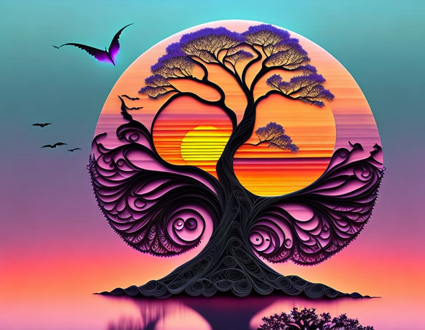 Colorful digital artwork: Stylized tree, swirling branches, sunset backdrop, birds, gradient sky