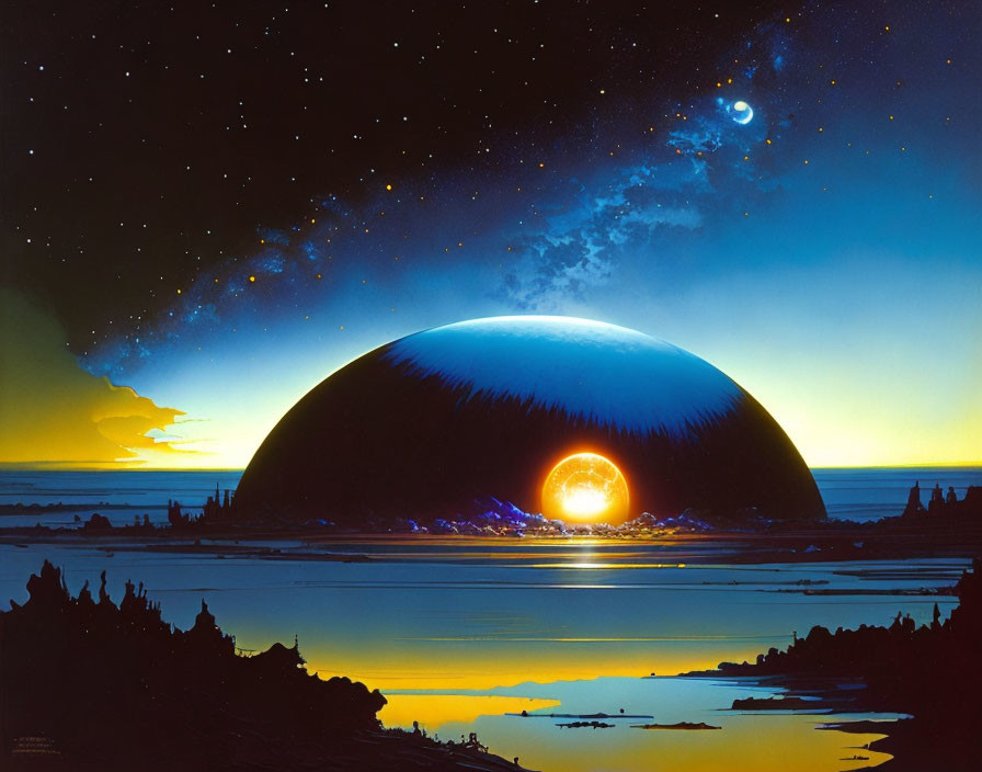 Sci-fi landscape with large dome structure under starry sky and reflecting sun on water