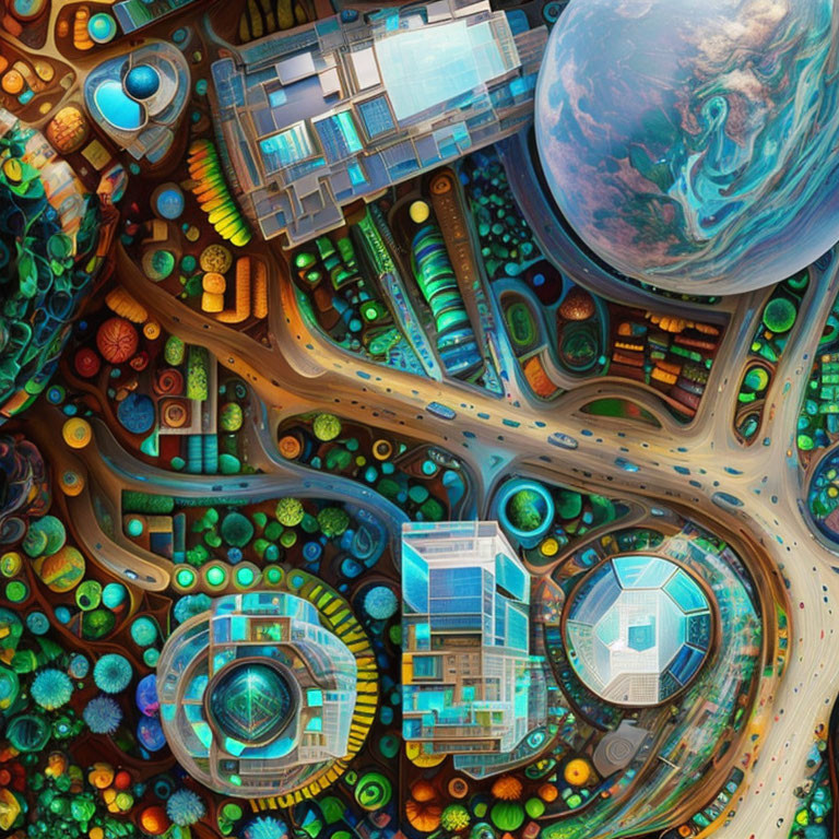 Colorful futuristic cityscape with swirling roads and spheres, showcasing an advanced civilization.