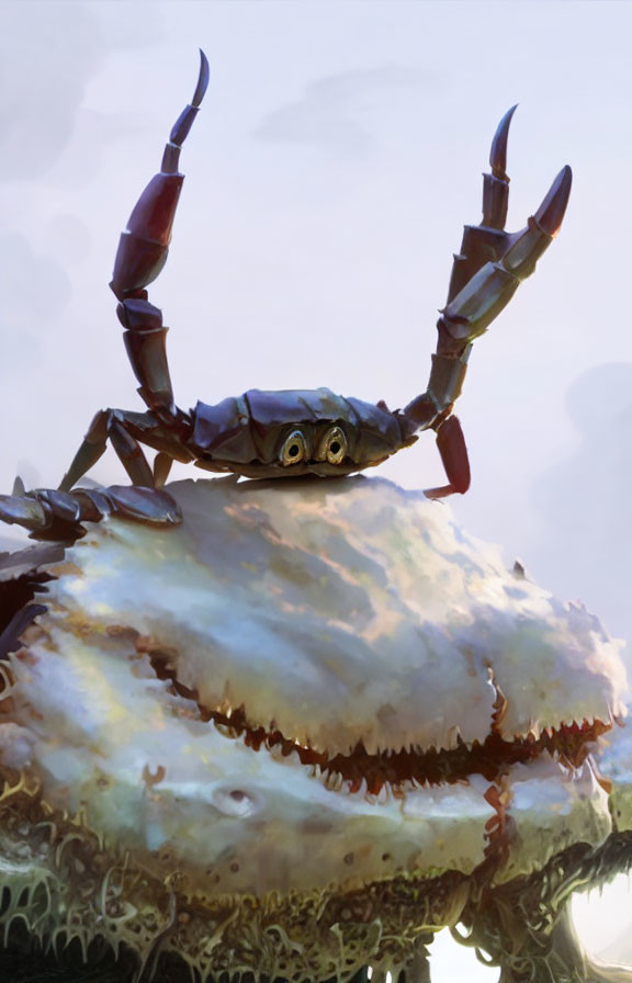 Stylized crab digital illustration on rock under overcast sky