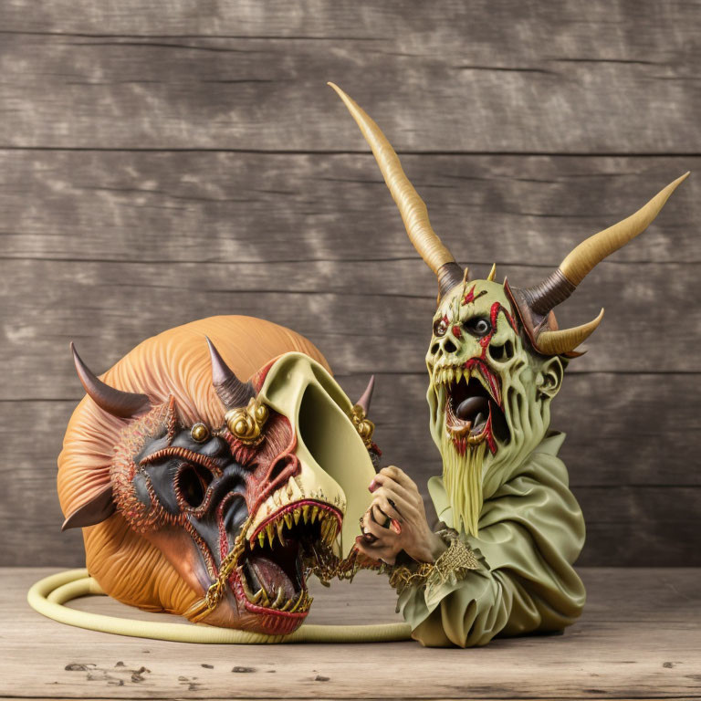 Grotesque Halloween masks with horns and sharp teeth on wooden table