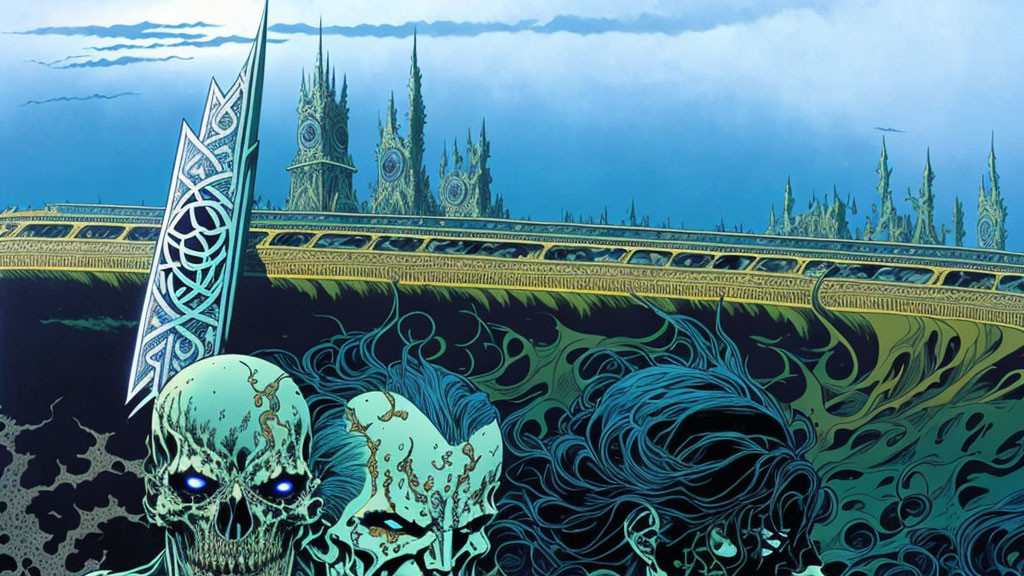 Fantasy illustration: Skull foreground, ornate bridge, mystical spired structures against cloudy sky