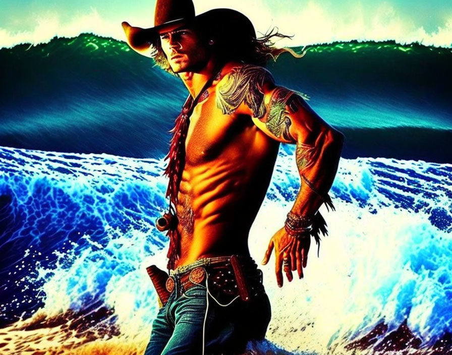 Tattooed man in cowboy hat by vibrant ocean wave