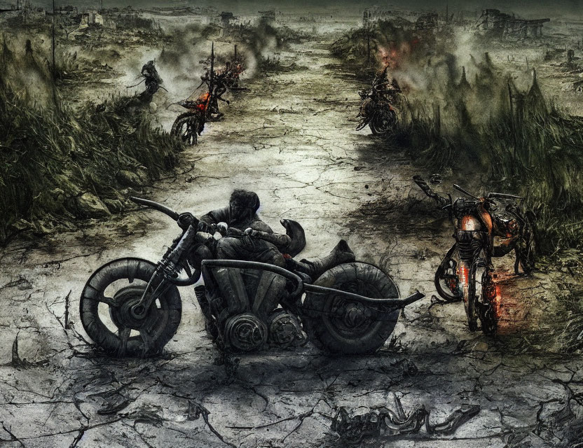 Desolate post-apocalyptic scene with person and motorcycles in war-torn landscape