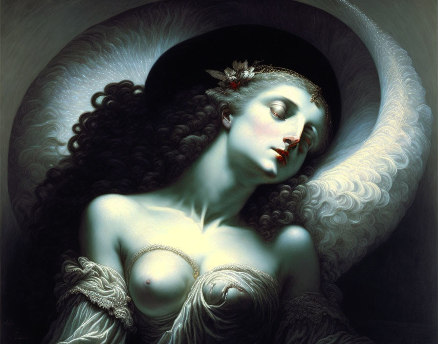 Ethereal painting of woman with pale skin and dark curly hair wearing black halo and feathers.