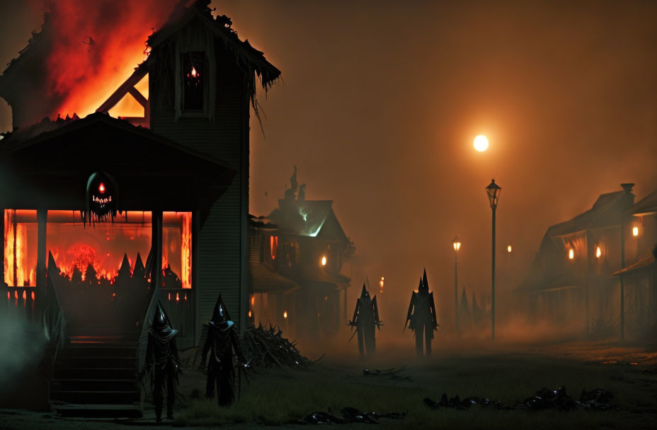 Hooded Figures Approaching Burning House at Night