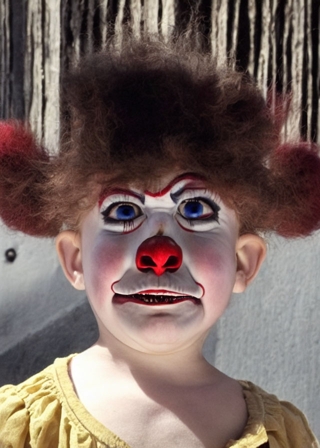 Child with clown makeup, curly hair, red nose, and puzzled look