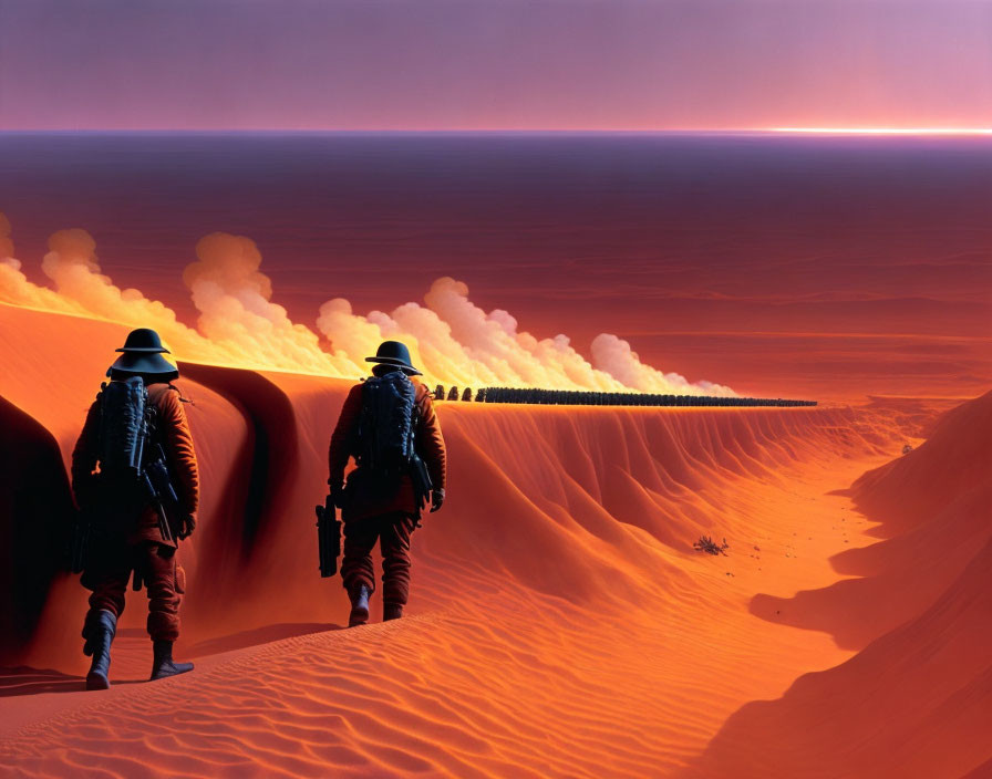 Vintage pilot attire figures explore surreal desert with massive dunes and pink sky