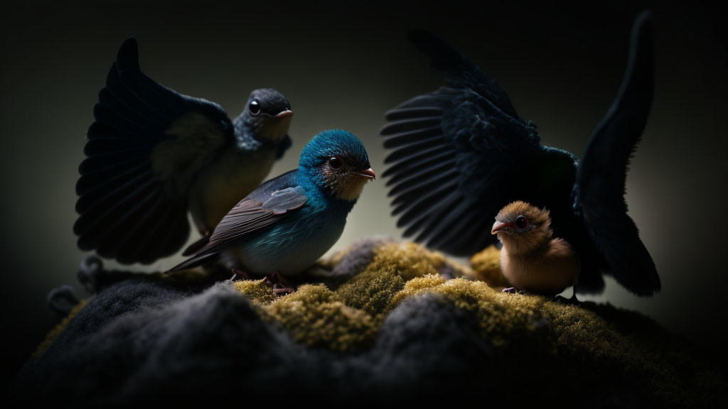 Three Birds on Mossy Surface Against Dark Moody Backdrop