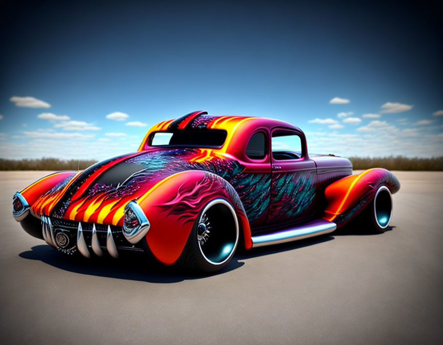 Glossy Flame Paint Job on Custom Hot Rod with Oversized Rear Wheels