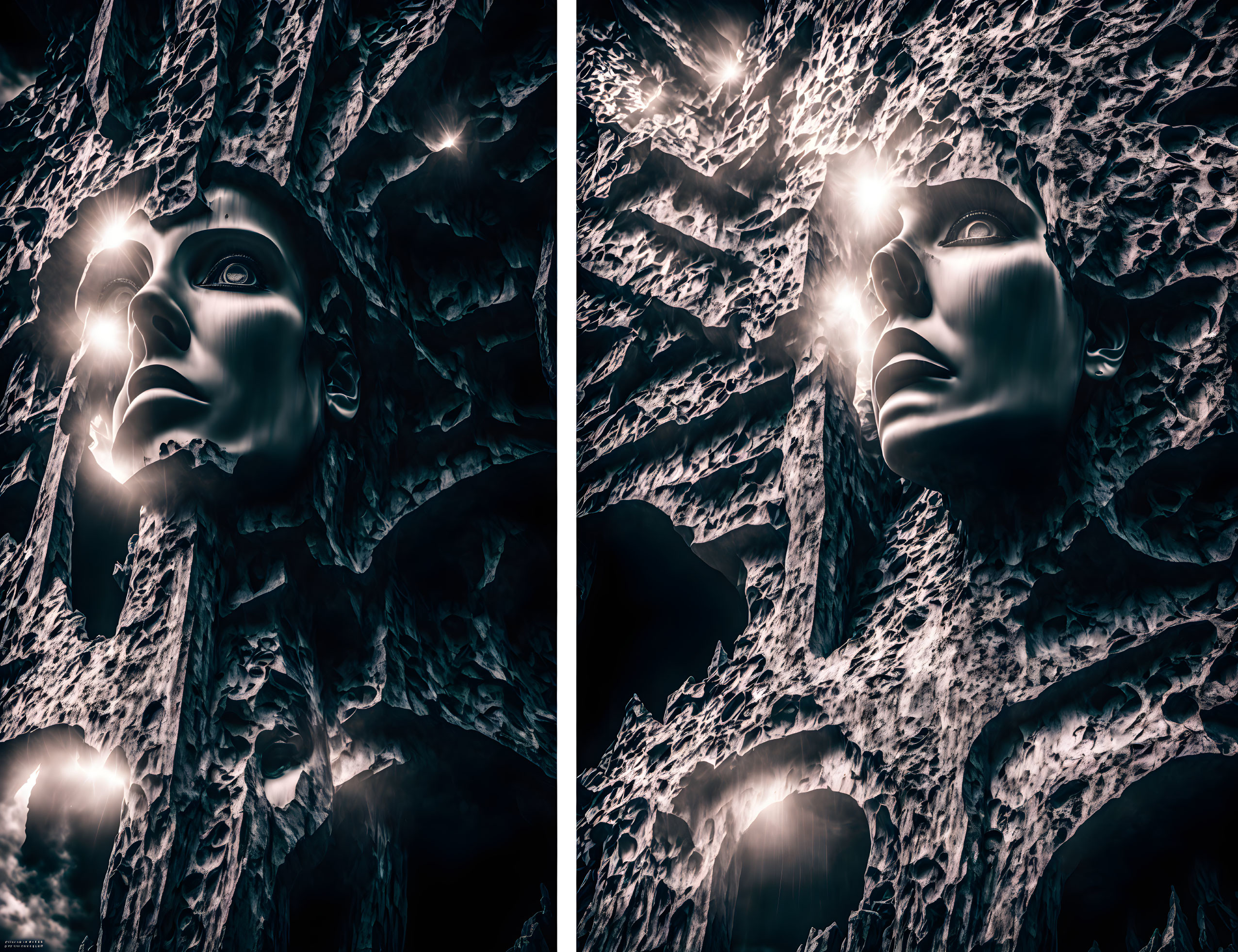 Surreal face sculpture with glowing eyes on rocky surface in chiaroscuro lighting