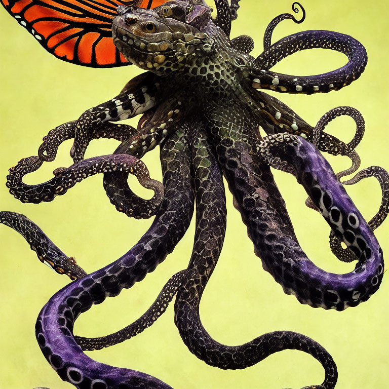 Detailed Digital Octopus with Purple Suckers and Butterfly Companion