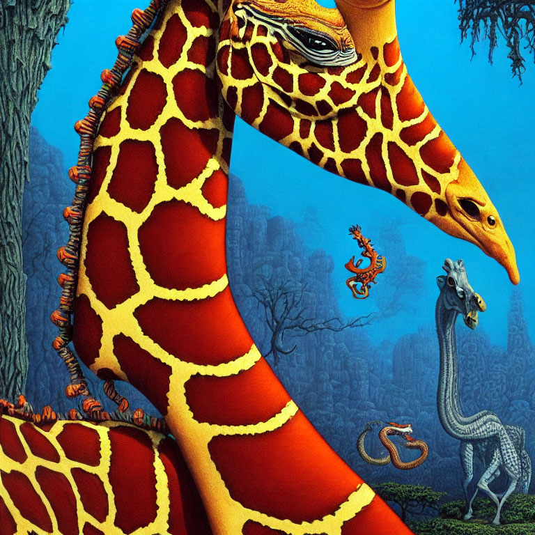 Colorful Giraffe Close-Up with Intricate Patterns and Whimsical Creatures