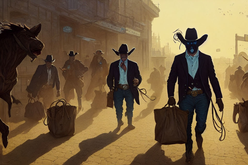 Cowboys in Western town with blue skull mask, horses, and bystanders