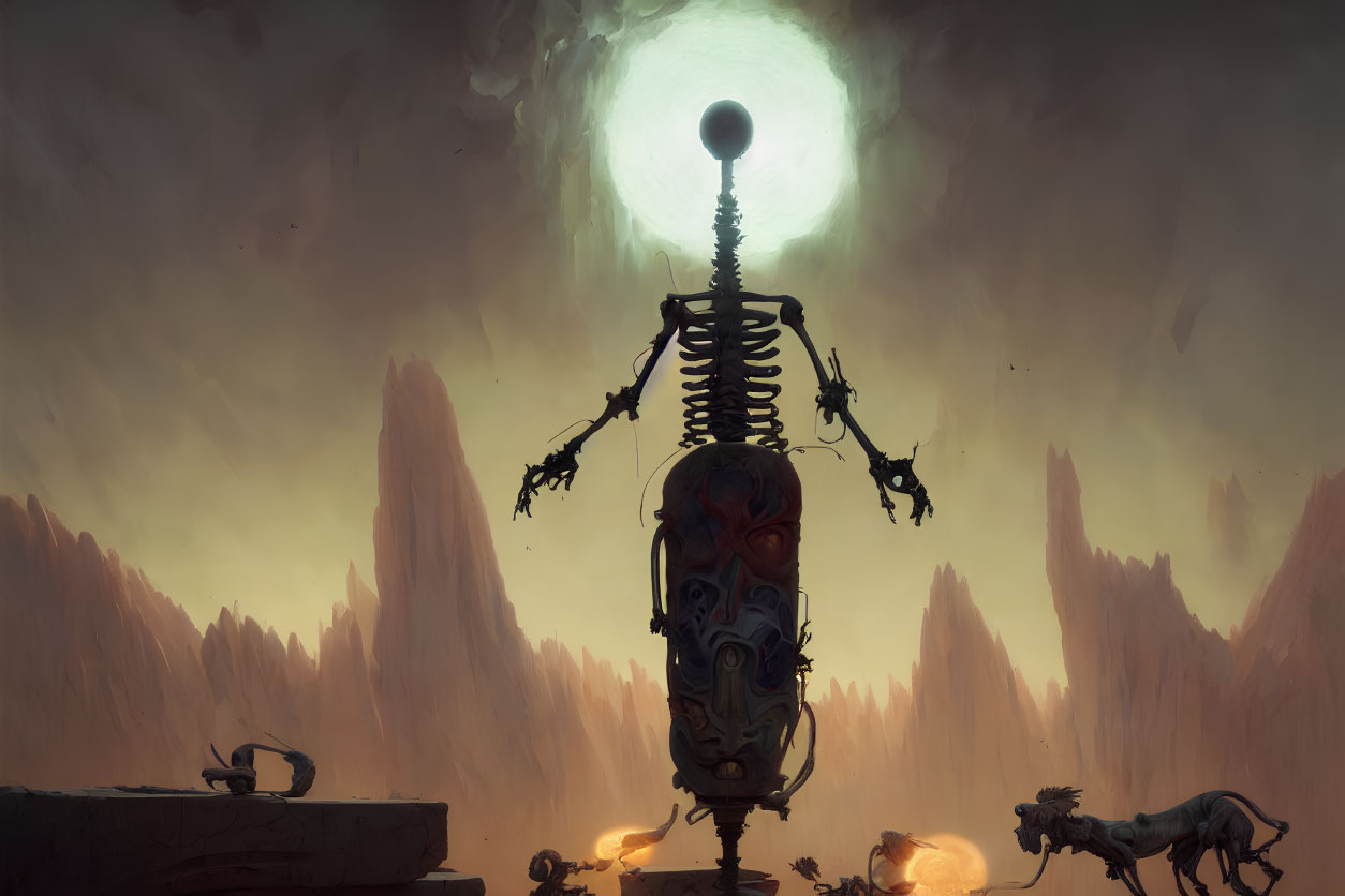 Robotic skeleton under green moon in eerie landscape