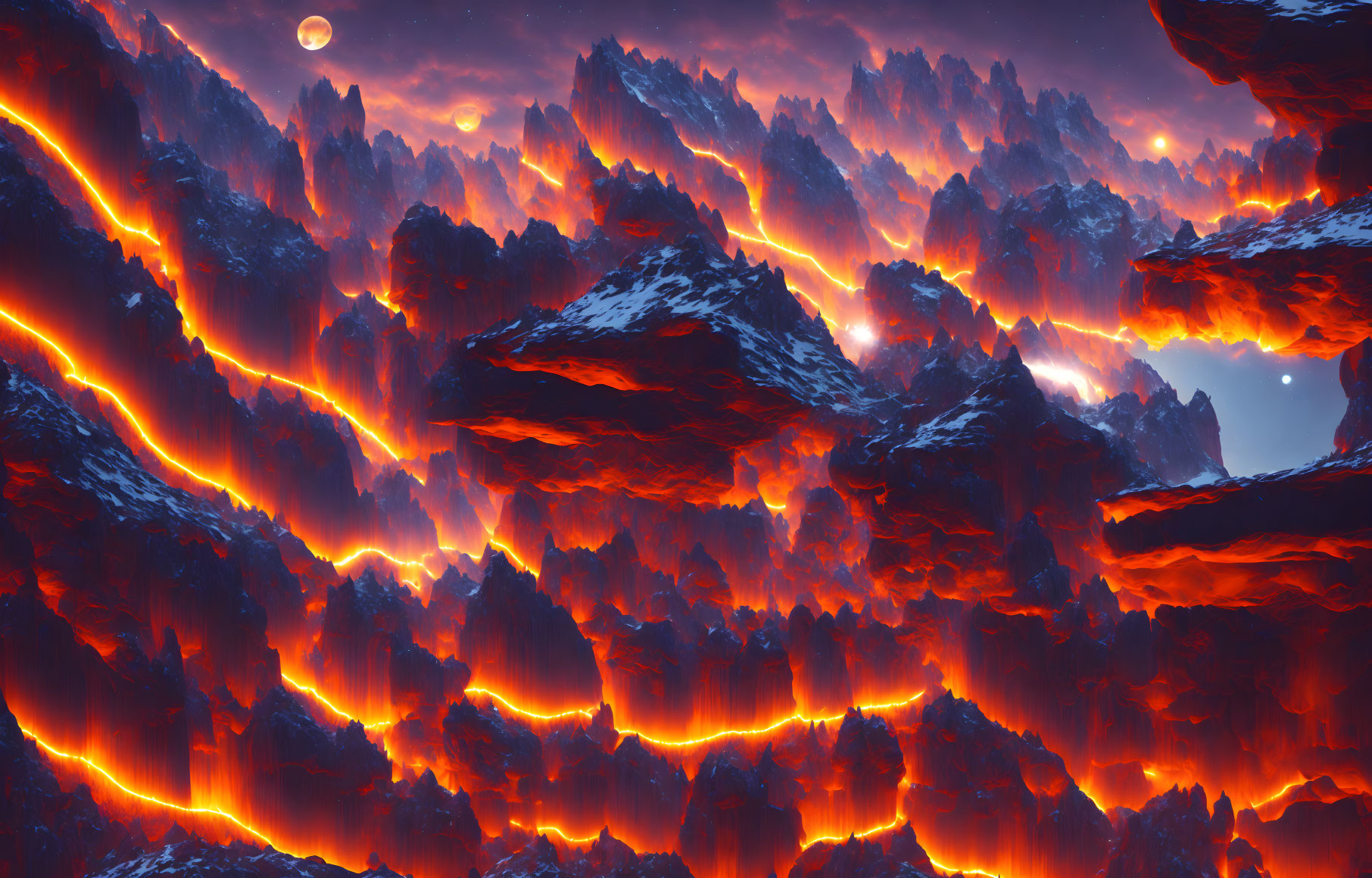 Volcanic landscape at night: lava rivers, jagged mountains, moonlit sky