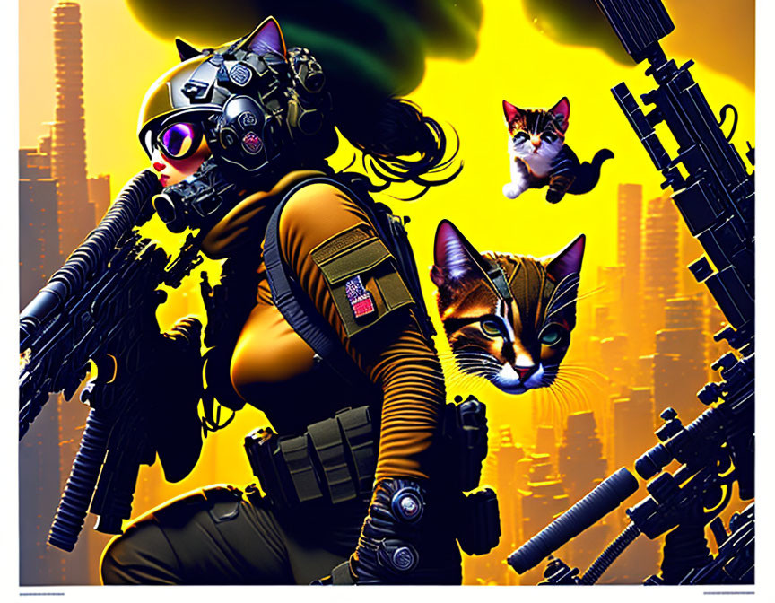 Female soldier in tactical gear with cats on vibrant yellow backdrop