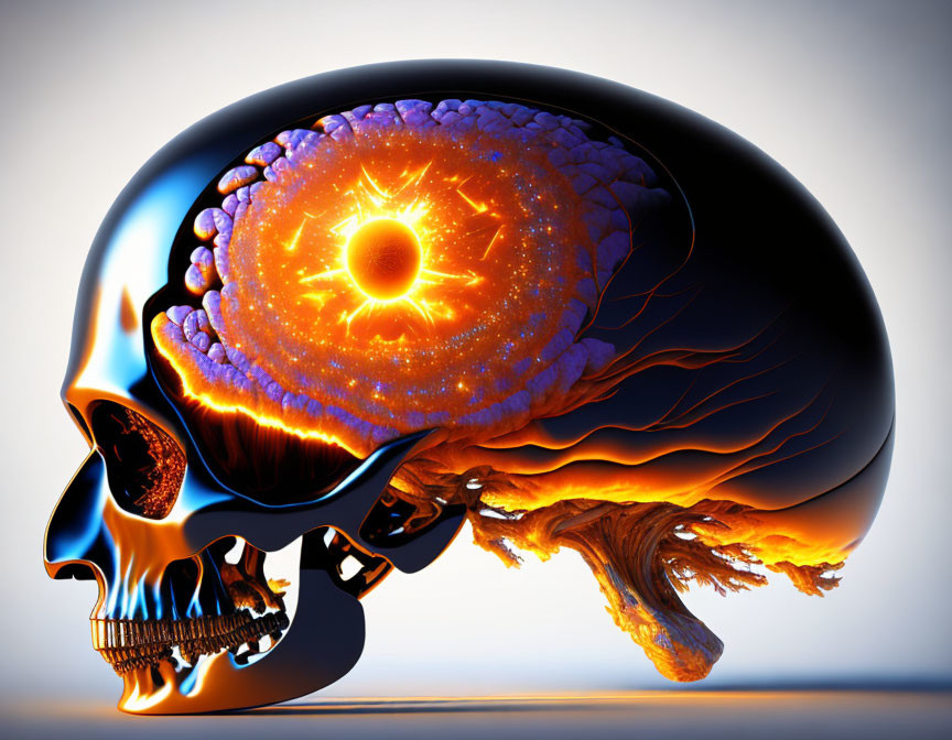 Human skull with celestial body replacing brain: fiery sun motif.