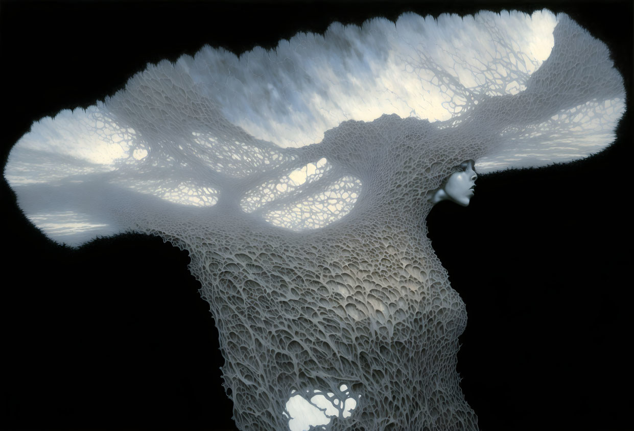 Intricate lace-like structure with emerging face on dark background