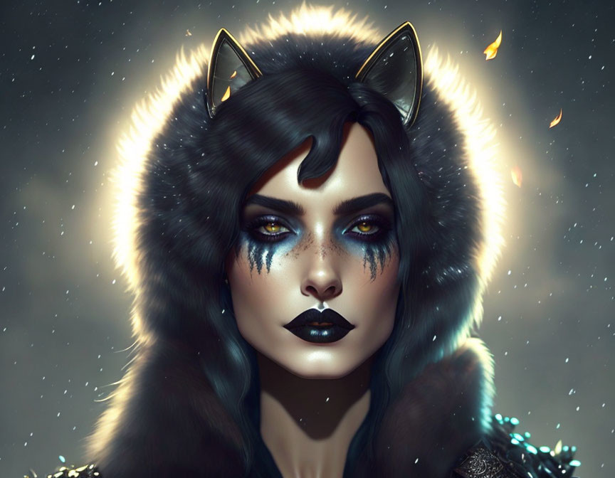 Digital art portrait of woman with cat-like features, dark makeup, glowing halo, night-themed aura