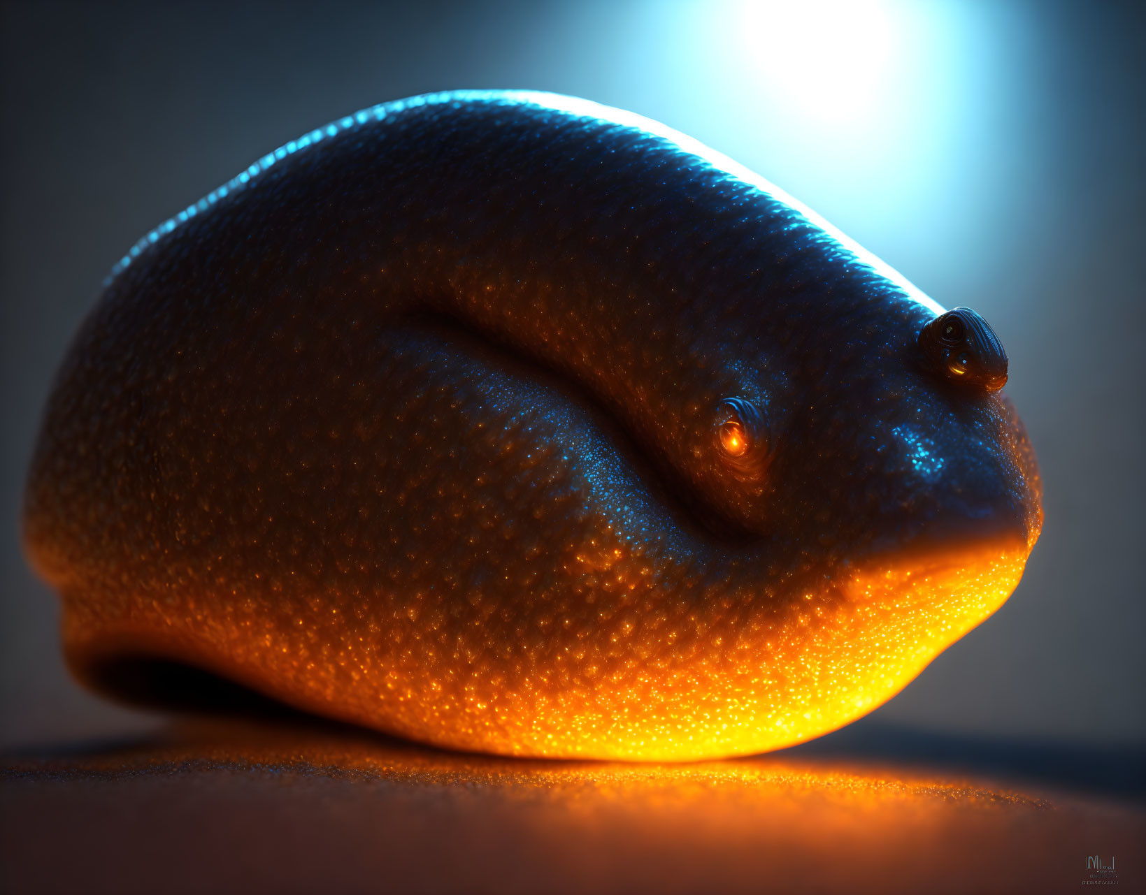 Glowing orange slug creature with dark eyes on dark background