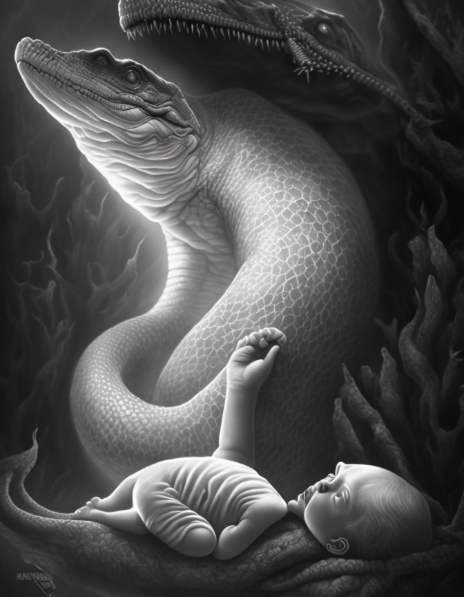 Monochrome artwork: infant by protective crocodile in twisted roots