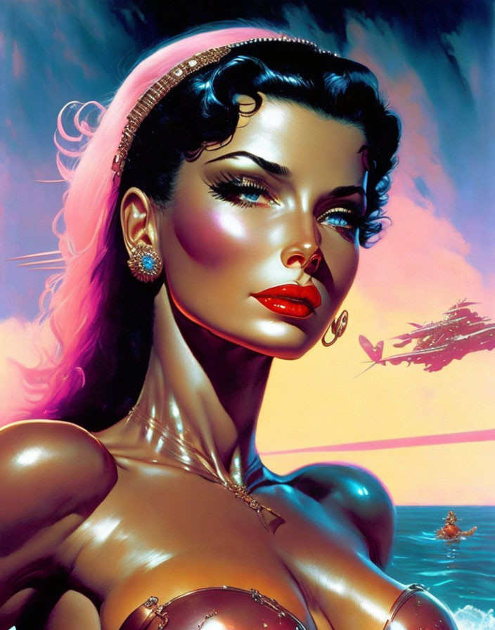 Illustrated woman with red lips and styled hair against sky and water backdrop