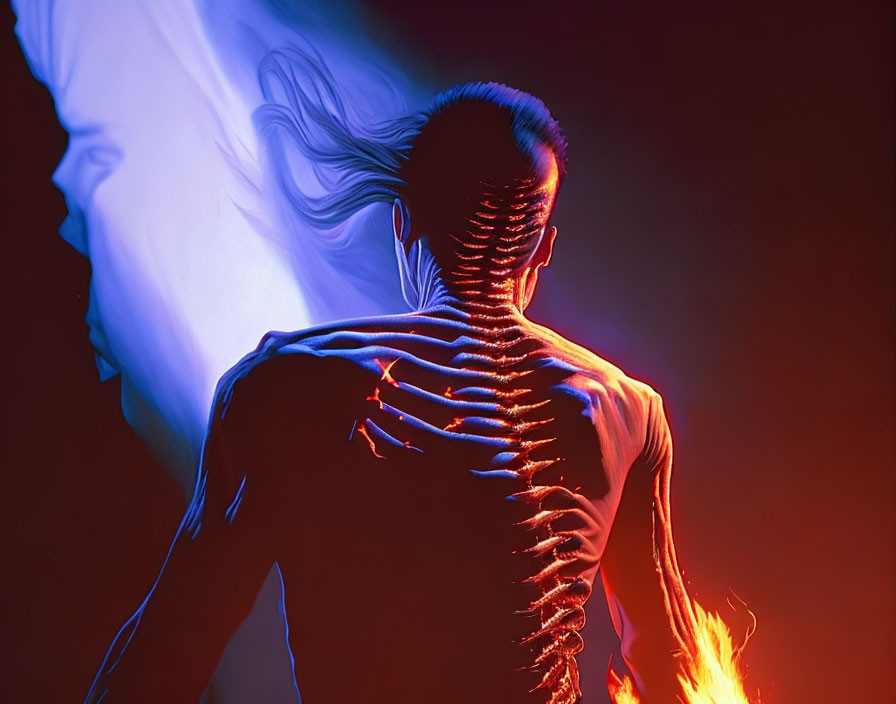 Person depicted with fire and smoke, highlighting spine and energy in art.