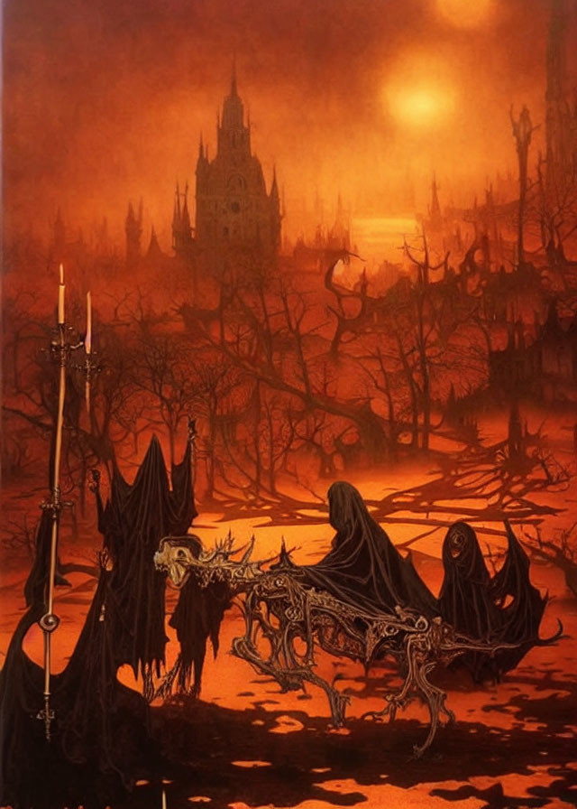 Fantasy scene: robed figures, skeleton horse, gothic cathedral, orange sky