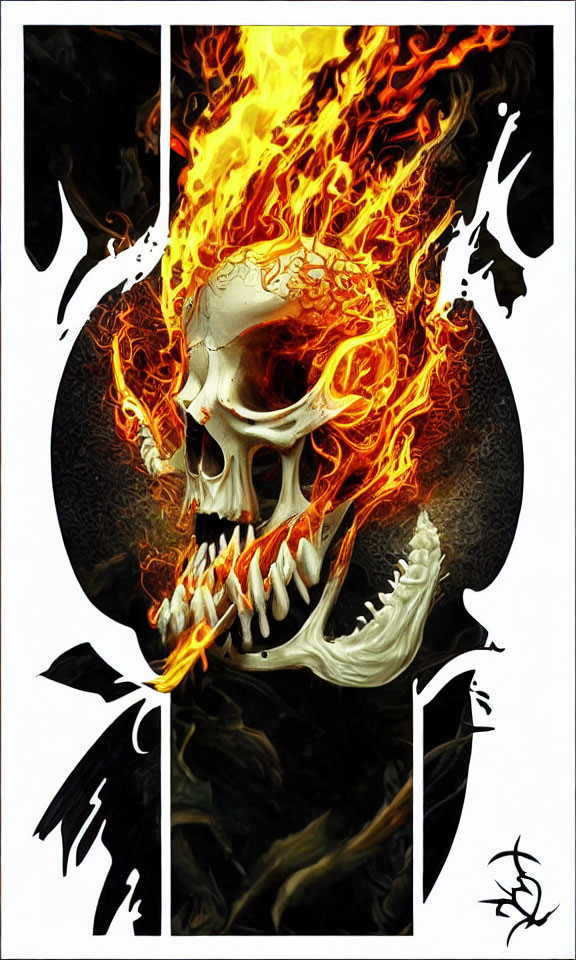 Fiery skull with flames against dark abstract background