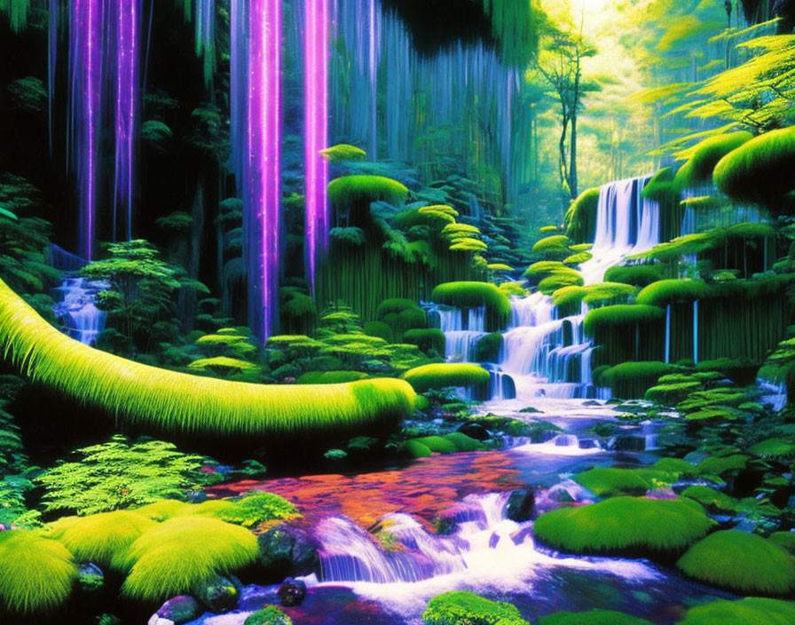 Fantastical forest scene with purple light streams, moss, fallen tree, and waterfalls