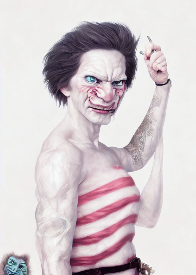 Enraged man illustration with exaggerated features and tattoo