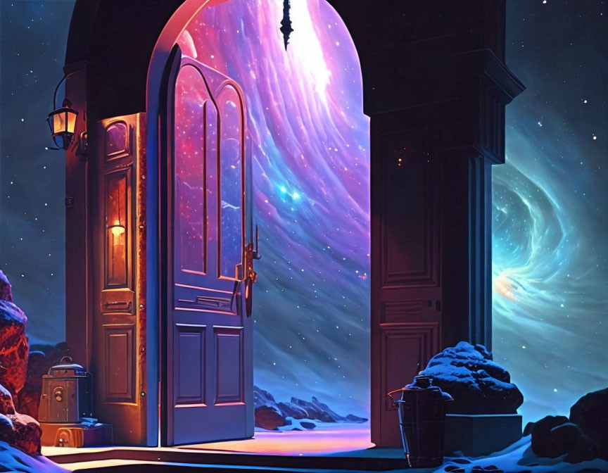 Vibrant cosmic scene through open doorway with swirling galaxies and snow-covered threshold.