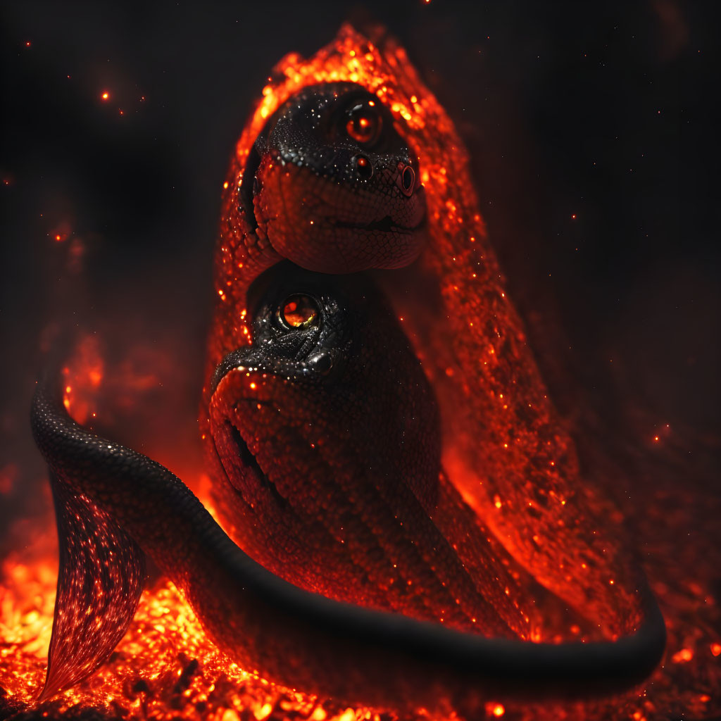 Illustration: Black snakes with shiny scales on fiery background