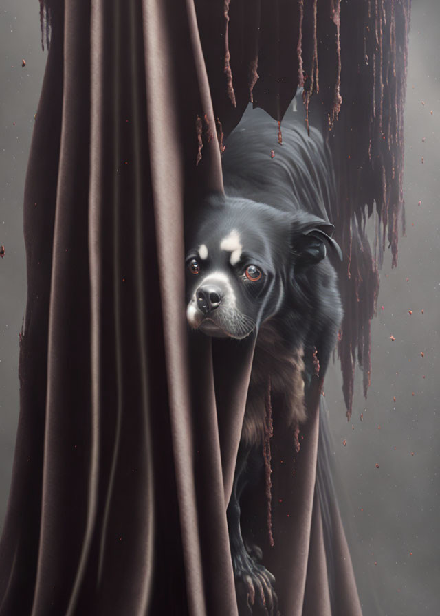 Surreal black dog head in melting curtains on gray background