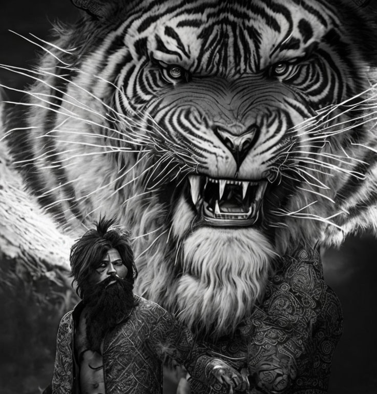 Monochrome image of bearded man with tattoos facing roaring tiger