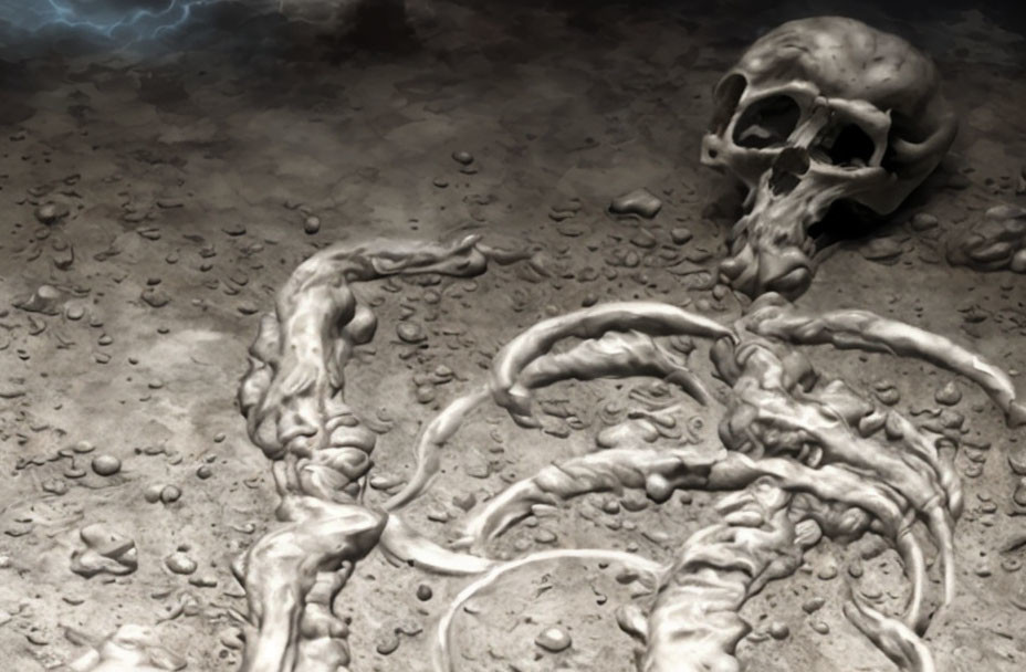 Eerie Human Skull on Desolate Ground with Bone-like Tendrils