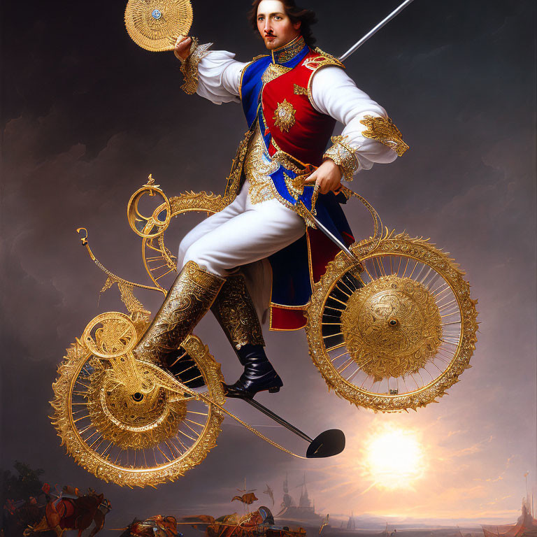 Ornately dressed person on golden monowheel with sword and fan, horses and sunset in background