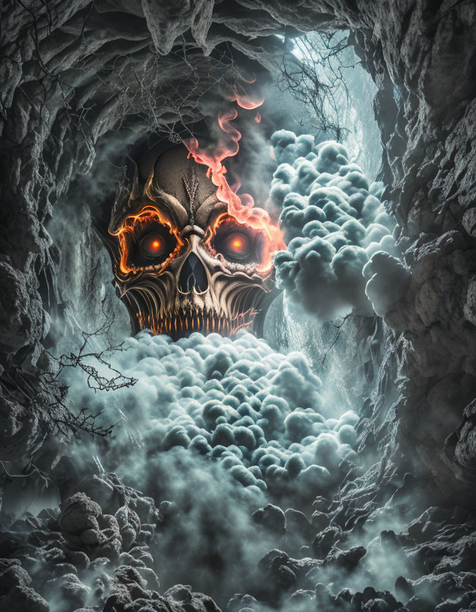 Menacing skull with glowing red eyes in rocky cave setting