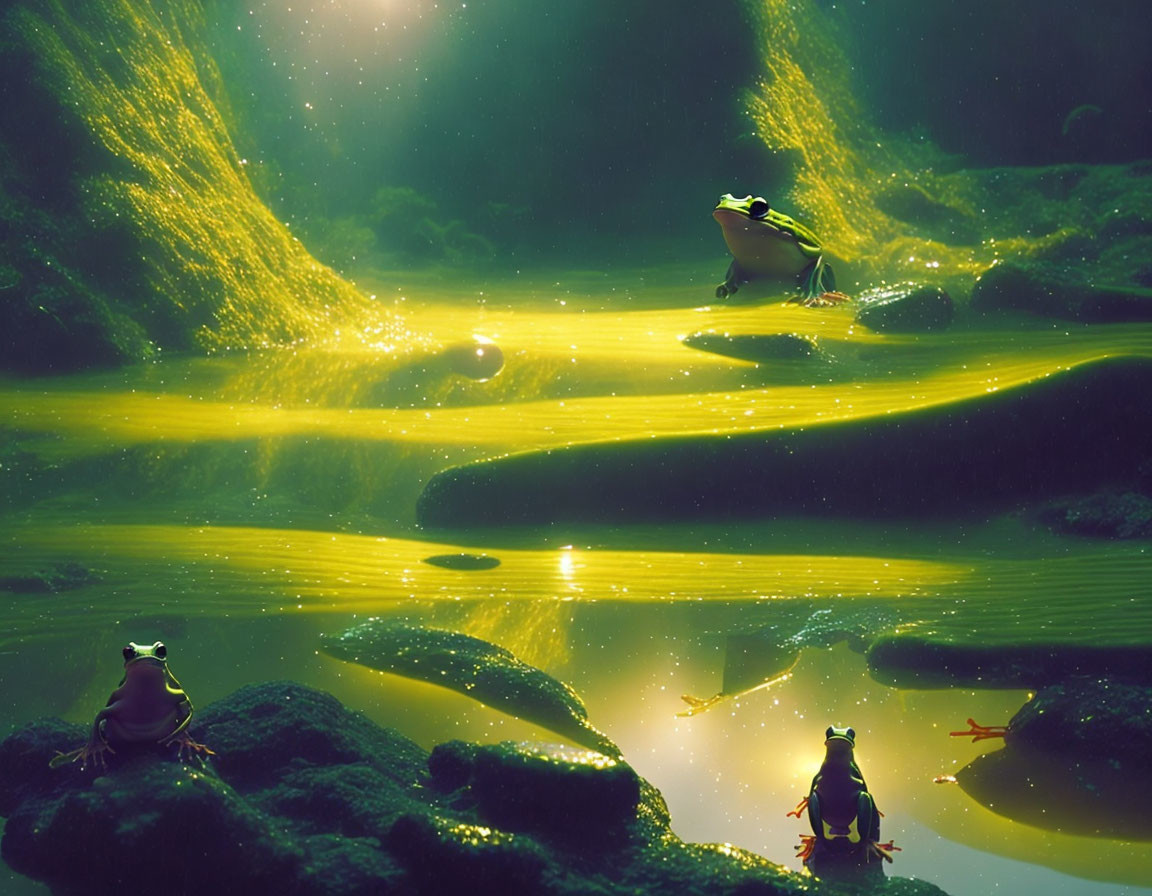 Frogs on lily pads in sparkling green waters with light beams